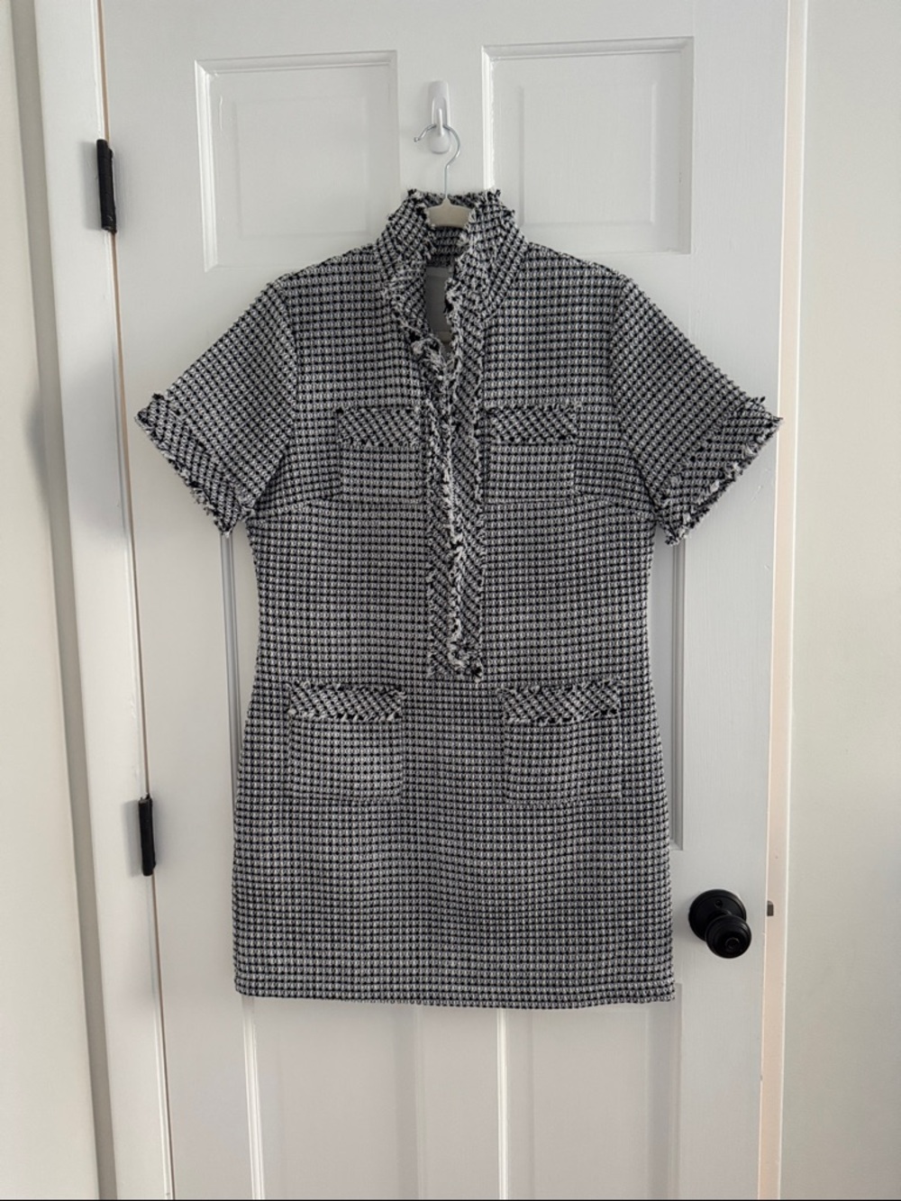 Black & White Tweed Shift Dress with Frayed Trim
